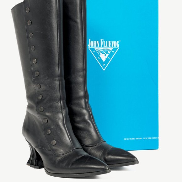 John Fluevog Lu Black Leather Tall Studded Boots - Picture 12 of 12